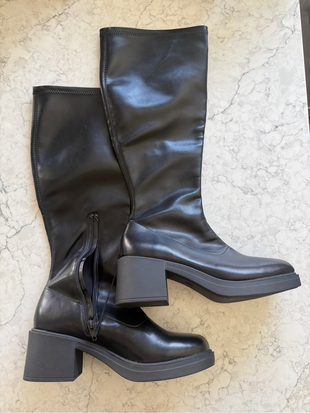 Target Black Knee-High Platform Block Heel Stretchy Shaft Ankle Zipper Boots